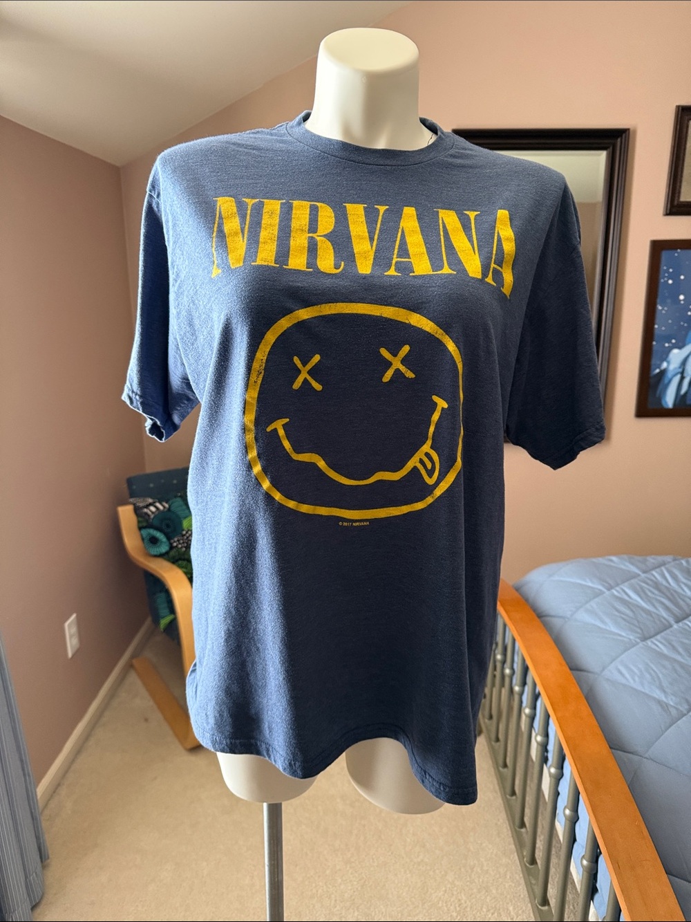 NIRVANA Navy Blue Short-Sleeve Tee with Yellow Smiley Logo